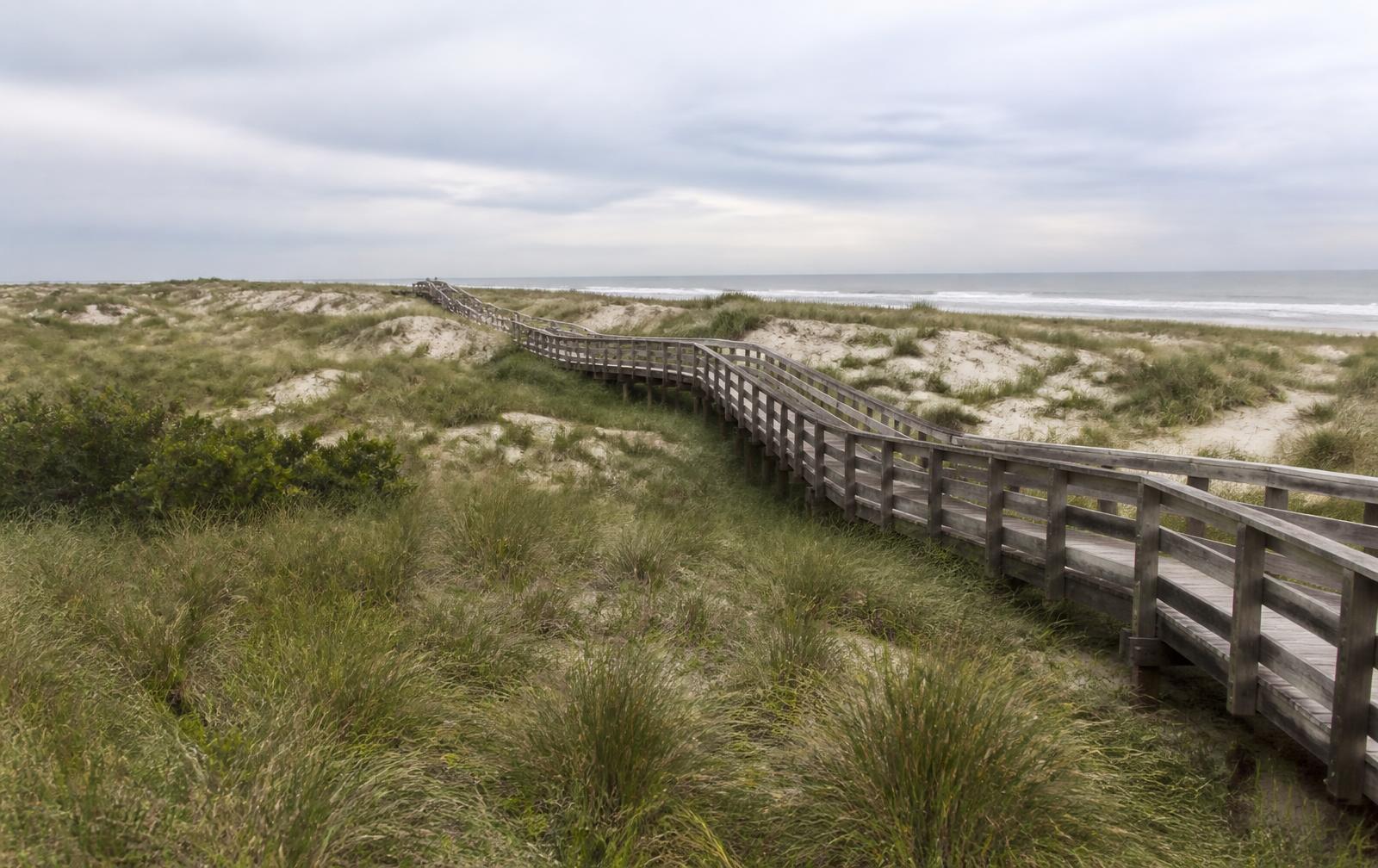 Illustrative image of an elevated wooden boardwalk crossing a restored coastal dune cordon